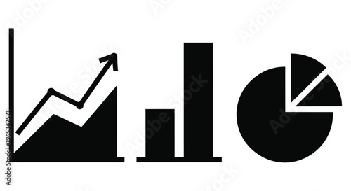 Black and white infographic icons displaying line graph bar chart and pie chart