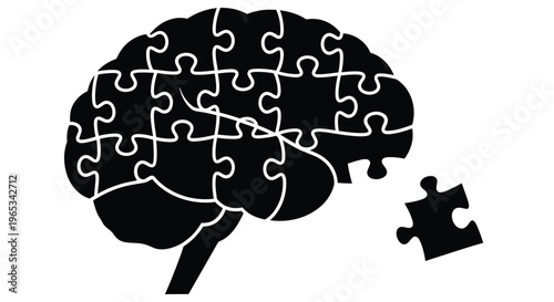 A black silhouette of a brain formed from puzzle pieces one piece missing