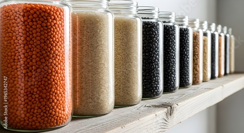 A row of glass jars filled with various colorful beads on a shelf indoors.