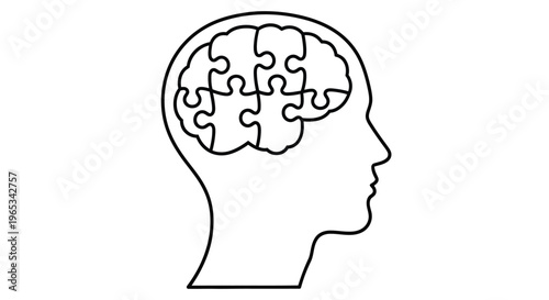 A human head in profile with a puzzle shaped brain inside depicted in black lines