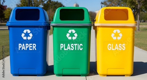 Three colorful recycling bins for paper, plastic, and glass on a sidewalk outdoors