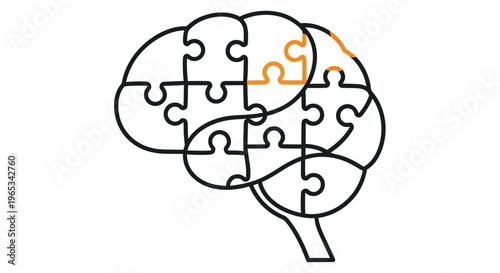 A brain composed of puzzle pieces with one piece highlighted in orange