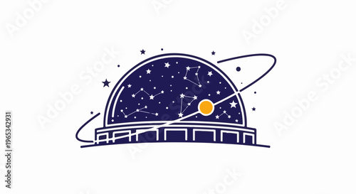Stylized observatory dome revealing starry sky with constellations and planet