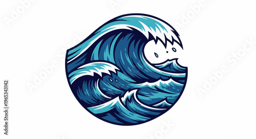 Stylized ocean wave cresting with white foam in a circular design