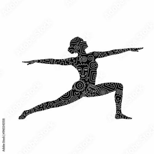 Abstract female silhouette in warrior pose with intricate ornamental patterns on clean background. Concept of inner strength, grounded stability and focused determination through symbolic body alignme