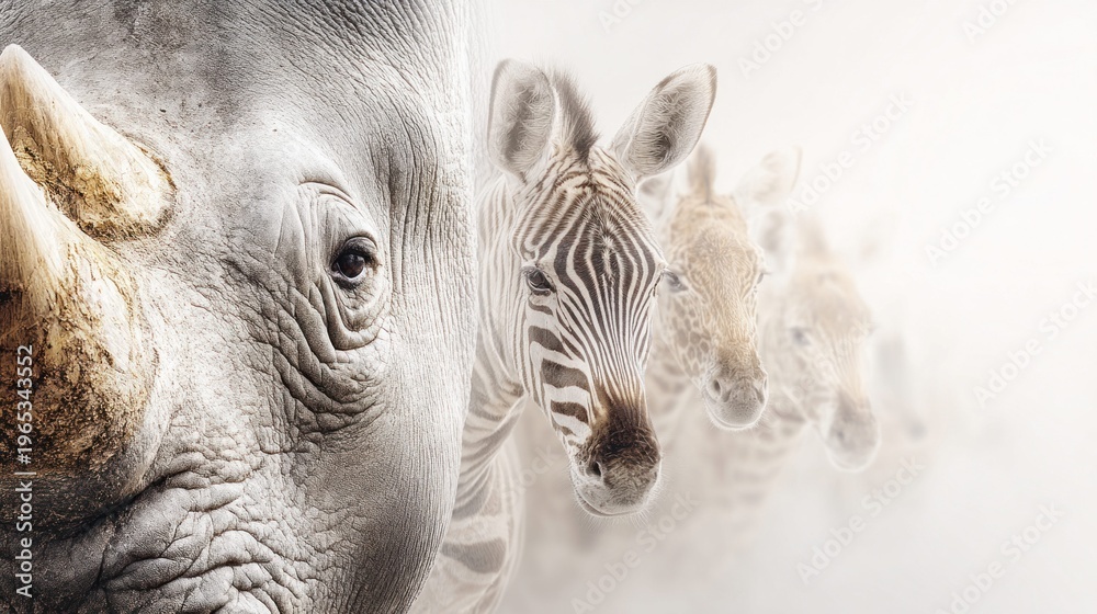 Naklejka premium Close-up of a rhinoceros face with a line of zebras and giraffes fading into the background