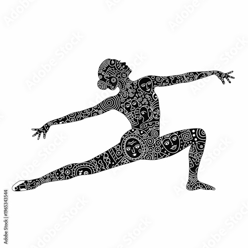 Abstract human figure in dynamic pose filled with intricate ornamental patterns on clean background. Concept of inner complexity, symbolic identity and expressive movement through decorative design.