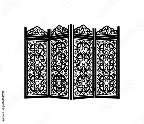Elegant Black and White Arabic Pattern Folding Screen