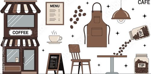 Cozy coffee shop vector illustration set with cafe storefront barista apron menu board chair table and coffee beans elements