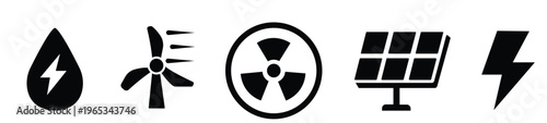 Set energy sources icons illustration of a guitar silhouette integrated with a yellow radioactive hazard sign and atomic energy symbol to warn of toxic nuclear danger
