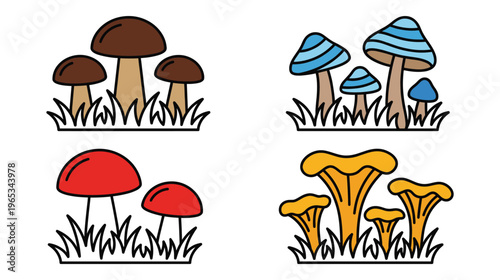 Collection of colorful cartoon mushroom icons for design.