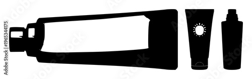 Sun cream bottle set with solid black icon on white background featuring sunscreen, personal care, health with cosmetics and iconography