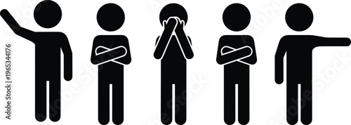 Black stick figure icons set showing various body language gestures including waving hand arms crossed covering face with hands and pointing to the side