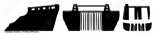 Hydroelectric dam set with solid black icon on white background featuring water power, energy infrastructure with dams and turbines