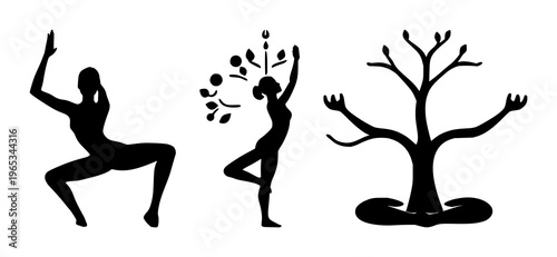 Yoga tree pose set with solid black icon and white background featuring yoga, tree pose, silhouette with black and white and icon