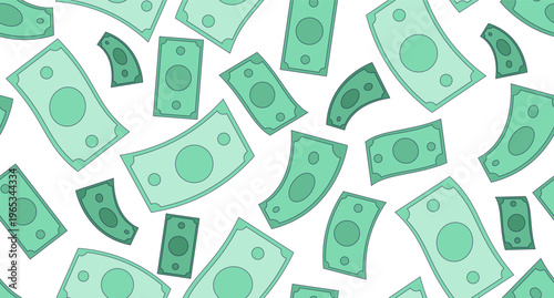 Paper money bills seamless pattern illustration. Payday banknotes. Repeat fill background. Tileable decorative graphic. All over print vector design in flat 2D style. Endless motif composition