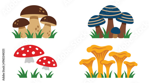 Colorful cartoon mushrooms and grass illustration.