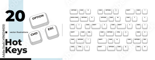System commands grayscale keyboard hotkey pack. Device navigation tutorial. Workflow functions. Minimal shortcut keys collection. Monochrome combination buttons for productivity. Vector illustration