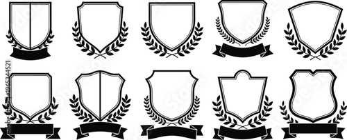 Heraldic shields with laurel wreaths and ribbon banners collection black silhouette vintage emblem vector illustration set