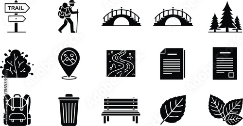 Hiking and outdoor icons collection with trail sign backpack map bridge and nature elements vector illustration set