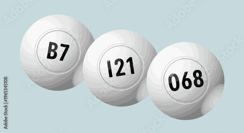 Three white lottery balls with numbers B7, 121, and 068 displayed