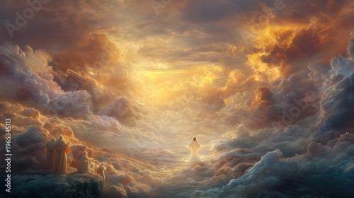 Jesus Christ standing in bright light amidst clouds. Biblical scene of afterlife with believers praying. Spiritual representation of heaven, salvation, redemption and divine glory concept.