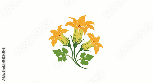 Three yellow squash blossoms on green stems with leaves