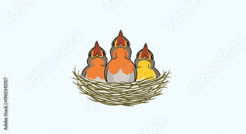 Three young birds are in a nest with their mouths open