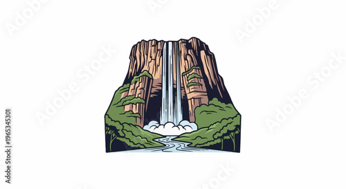 Towering waterfall cascades down a sheer cliff face surrounded by lush greenery