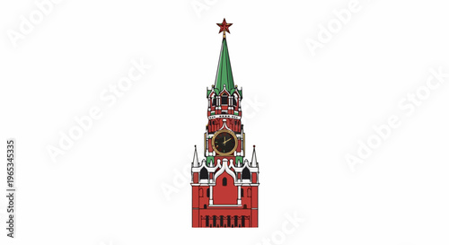 Tower with clock, green spire topped by red star, white accents