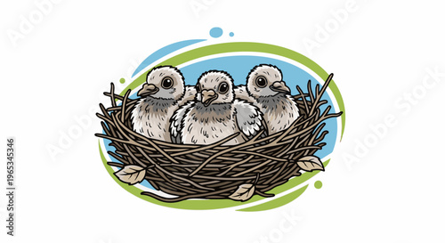 Three fluffy baby birds huddle together in a twig nest