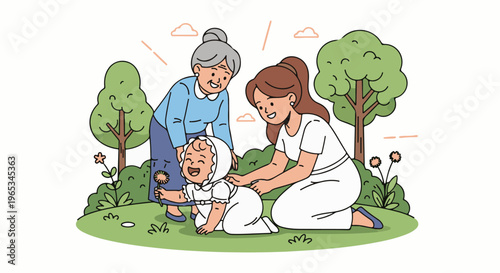 Three generations enjoying a sunny day outdoors with a baby, mother, and grandmother