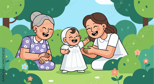 Three generations of females enjoying a sunny day outdoors in a park