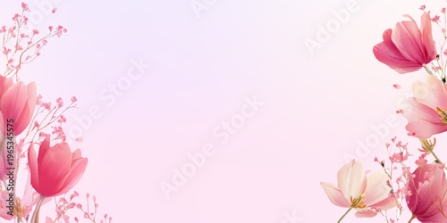 Pink watercolor tulips and tiny blossom branches forming decorative borders on a soft gradient background, illustrating spring, romance, and feminine aesthetics
