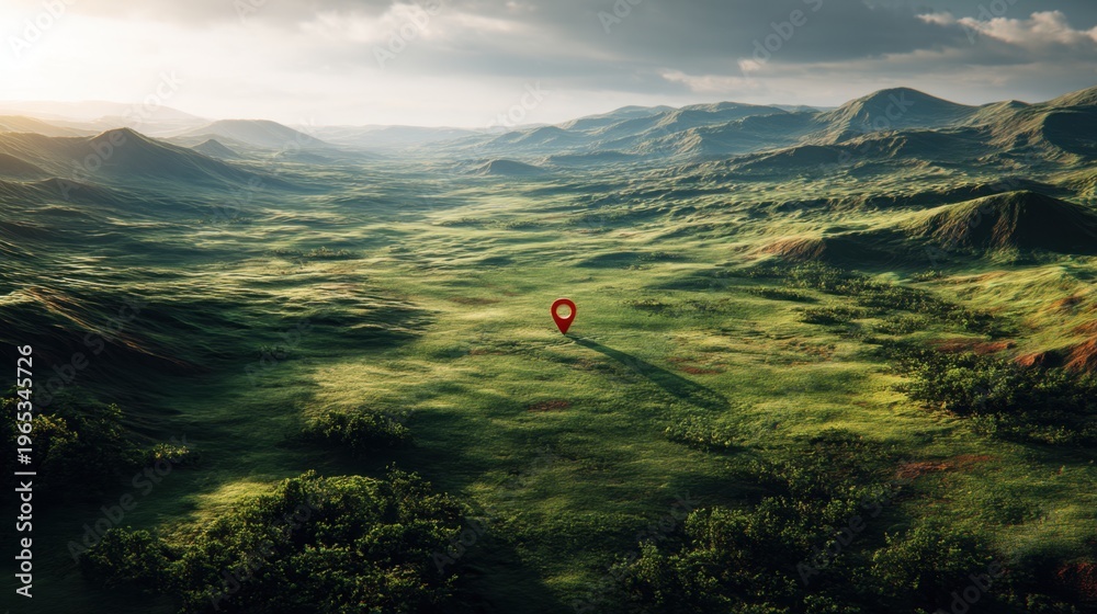 Obraz premium Red map pin standing in wide green valley. GPS navigation marker concept in scenic landscape. Digital location tracking, exploration, travel destination, searching and finding goal.