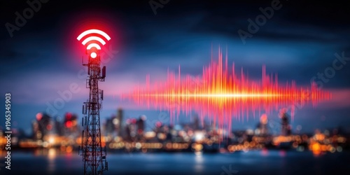 Cell tower with glowing wifi symbol and sound wave visualization over city skyline