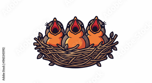 Three adorable baby birds chirp with open mouths in a cozy nest