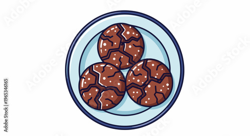 Three brown chocolate cookies with white specks on a light blue plate