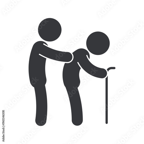 Isolated monochrome pictogram of person holding elderly with cane representing care, support, assistance, compassion, and respectful help for older people