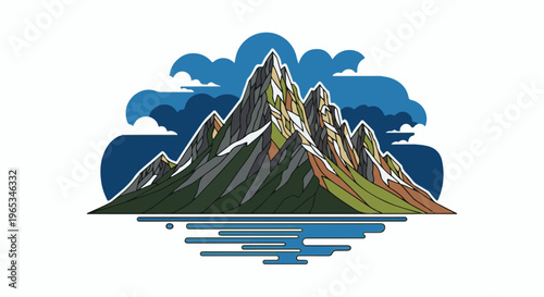 Stylized mountain peaks rise above water, with clouds in blue sky