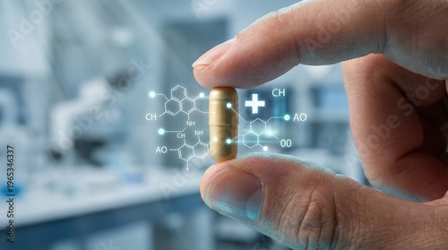 Close up of a person's fingers holding a single golden capsule pill with holographic molecular structures and a glowing white plus symbol overlay representing advanced pharmaceutical research medical
