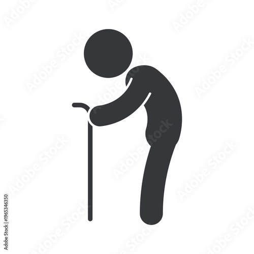 Isolated monochrome pictogram of elderly person walking bent using cane representing aging, mobility support, physical limitation, and assisted movement concept