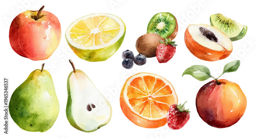 Fresh watercolor fruit and berry assortmentvibrant hand painted apples, pears, citrus, stone fruit and berries on white background, healthy, organic, nutritious illustration