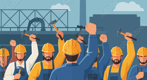 Vector illustration of construction workers in yellow hard hats and overalls raising hammers and clenched fists in a show of labor solidarity against an industrial background.