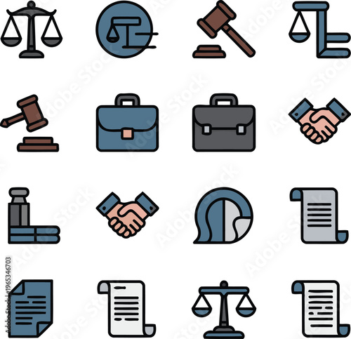 Law, Justice, Court Icons, Legal Symbols, 16 Vector Graphics