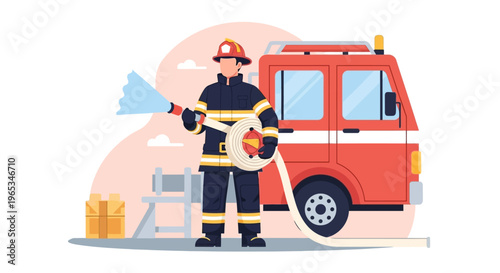 Flat vector illustration of a firefighter in protective uniform and red helmet holding a fire hose with water spray standing in front of a red fire truck on a white background.