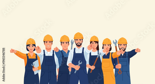 Vector illustration of a diverse team of multiethnic male and female construction workers wearing yellow hard hats and blue overalls, holding tools and pointing forward on a plain background.