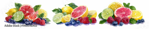 Watercolor still life of vibrant sliced citrusgrapefruit, lemon, limemixed with blueberries and raspberries, fresh, juicy and colorful, evoking healthy, natural vitamins