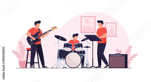 Vector illustration of a three-piece music band with a bass guitarist, drummer at a kit, and keyboardist performing in a room with an amplifier, music stand and decorative plants.