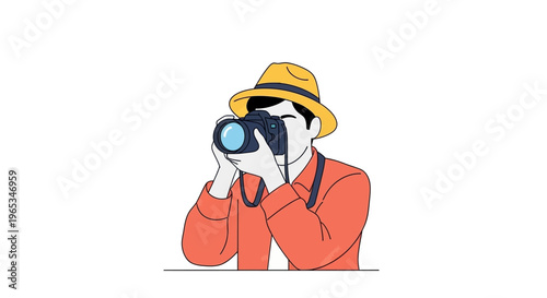 Minimalist flat vector illustration of a male photographer wearing a yellow hat and orange long-sleeve shirt aiming a professional digital DSLR camera, isolated on white background.